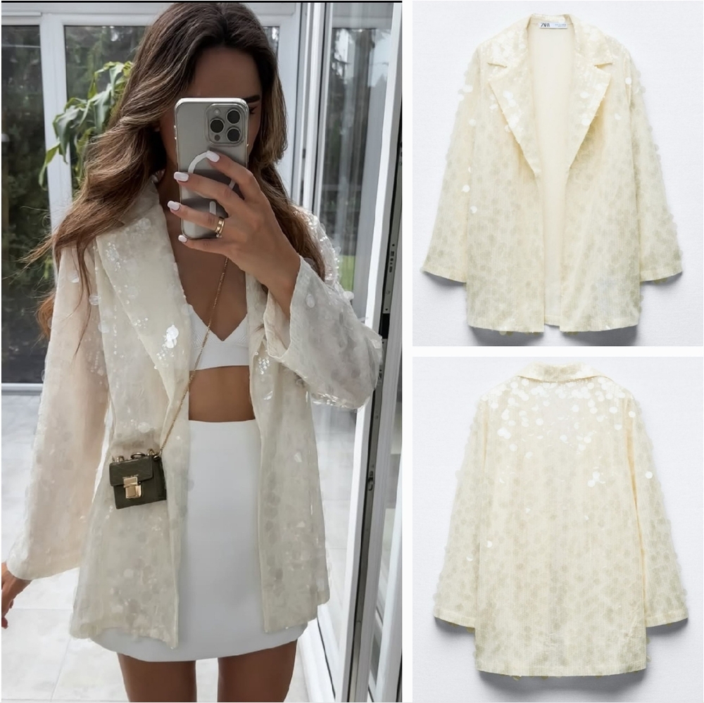 ZARA SEQUIN OPEN FRONT BLAZER Size S Cream - Picture 3 of 16
